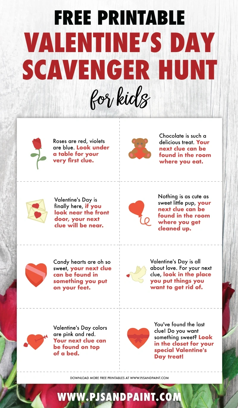 Free Printable Valentine&amp;#039;S Day Scavenger Hunt For Kids - Pjs And Paint inside Valentines Scavenger Hunt Printable
