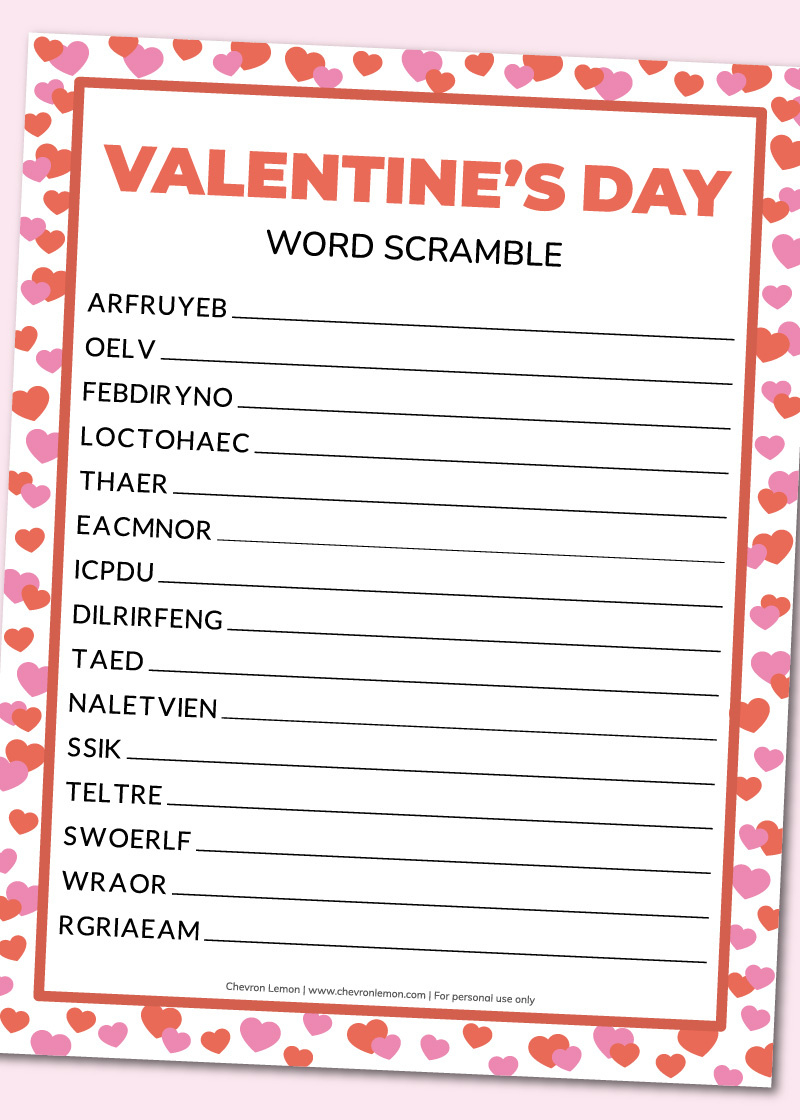 Free Printable Valentine&amp;#039;S Day Word Scramble - Chevron Lemon in Valentines Word Scramble Free Printable