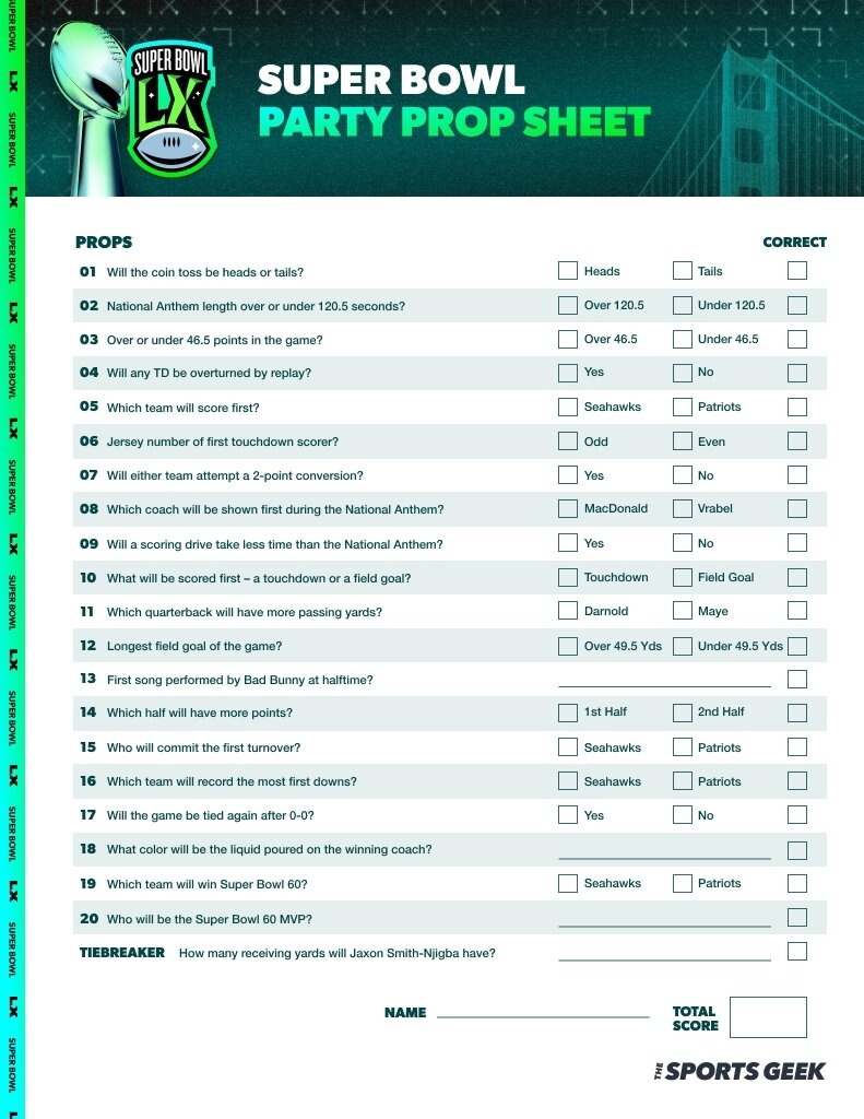 Free Super Bowl Prop Bet Sheet For 2026 (Printable) with Super Bowl 2026 Prop Bets List Printable