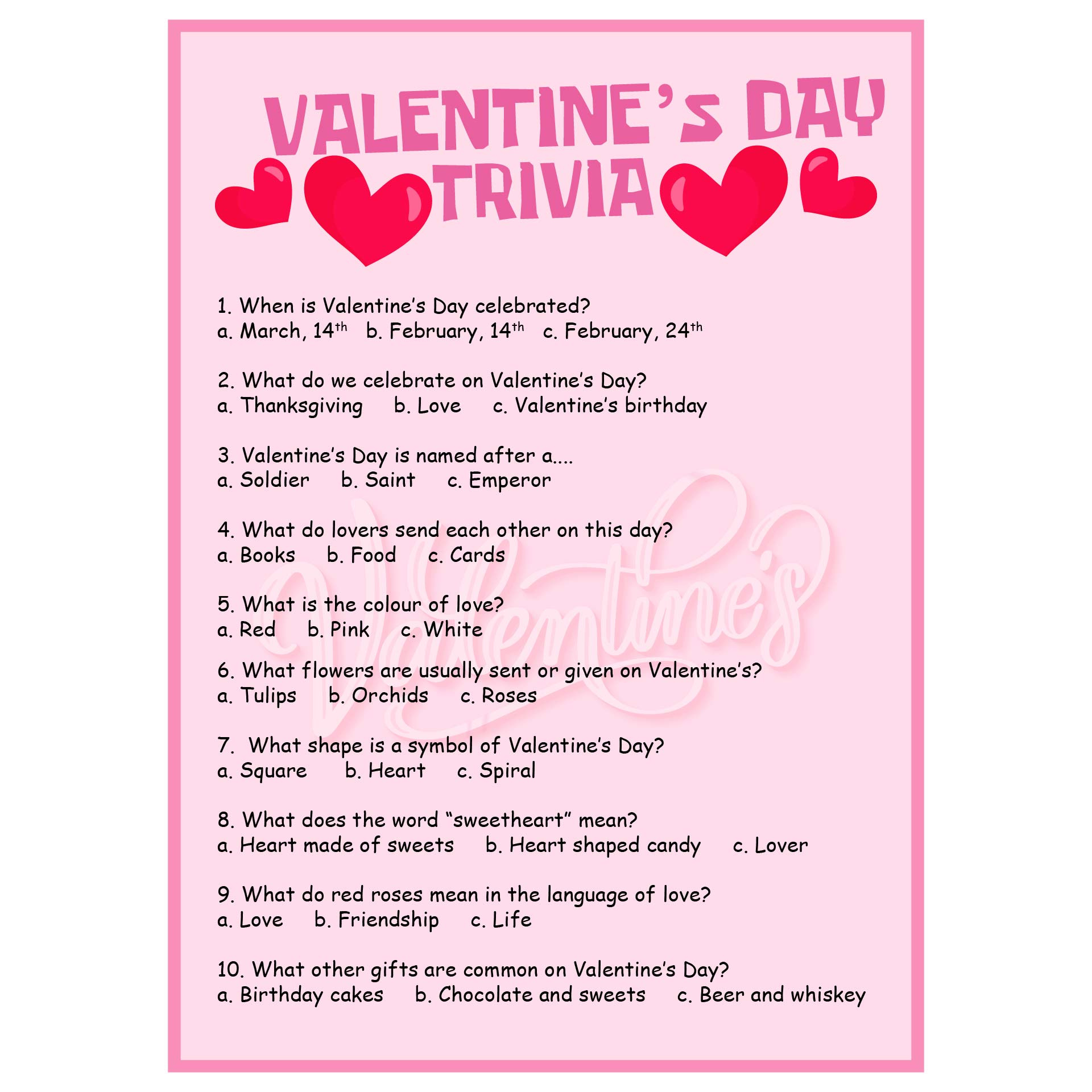Free Valentine Trivia And Answers Printables 75 Best Valentine'S with Printable Valentine Quiz