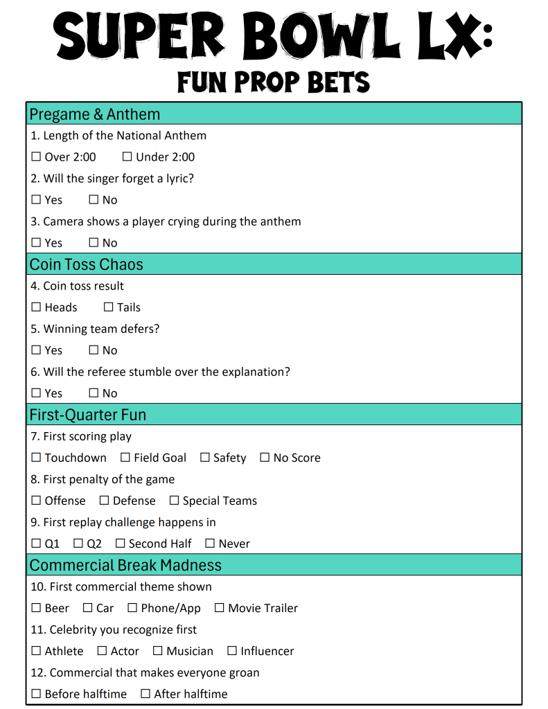 Funny Super Bowl Prop Bets Sheet For Super Bowl 2026 - Interbasket inside Super Bowl 2026 Prop Bets List Printable
