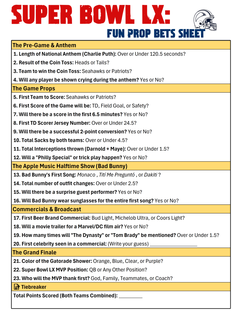 Funny Super Bowl Prop Bets Sheet For Super Bowl 2026 - Interbasket throughout Super Bowl 2026 Trivia Printable
