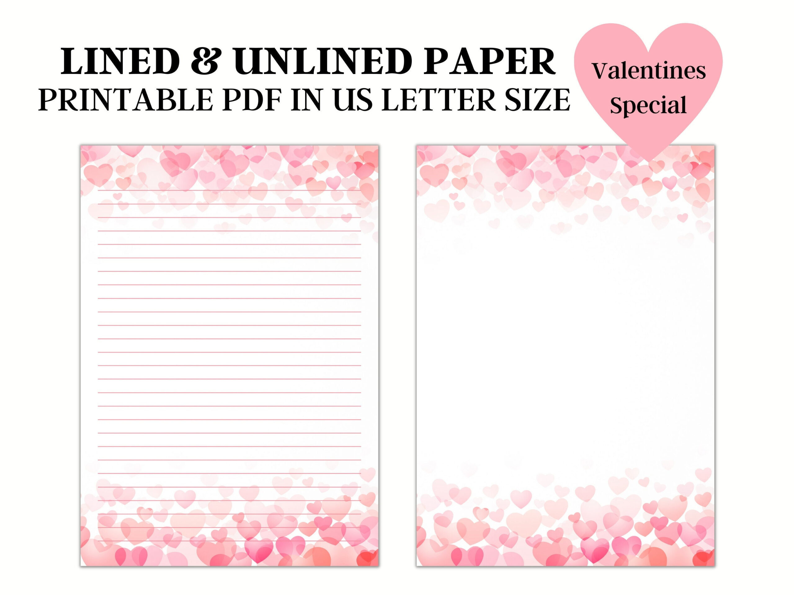 Hearts Stationery Paper, Printable Lined Writing Paper, Journal in Printable Valentine Stationery