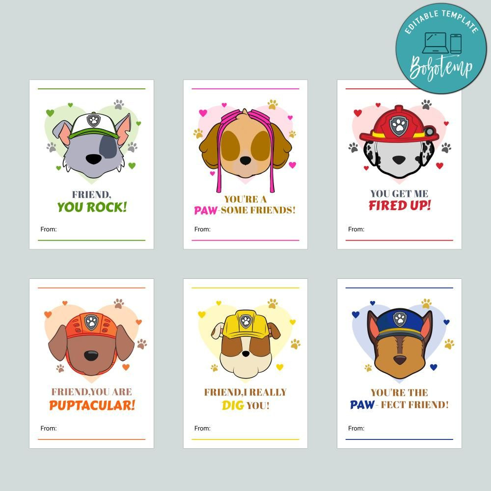 Paw Patrol Kids Valentine Cards Printable Customizable Template in Paw Patrol Valentines Cards Printable