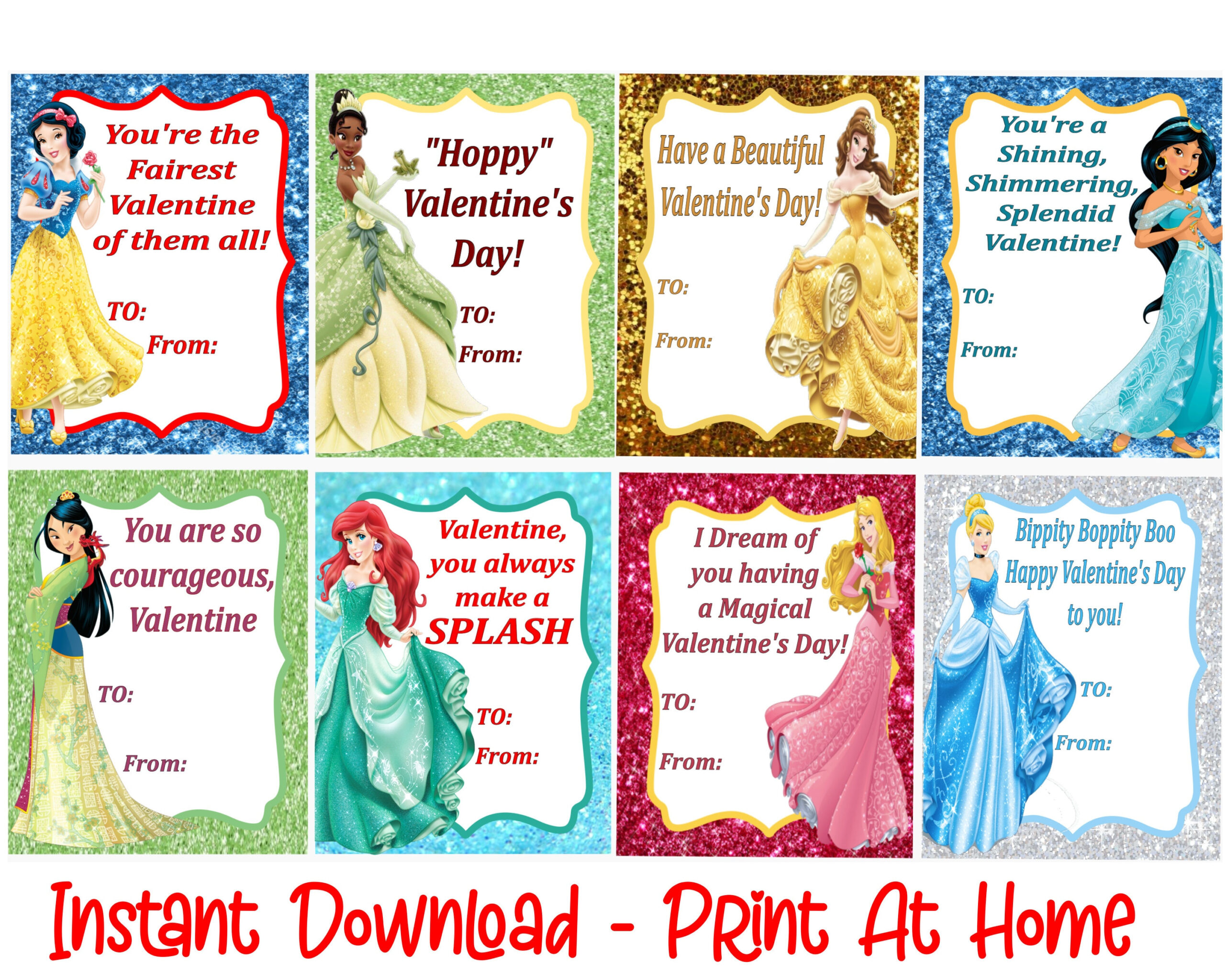 Princess Valentine&amp;#039;S Day Cards - Printable - Instant Download for Printable Disney Princess Valentines