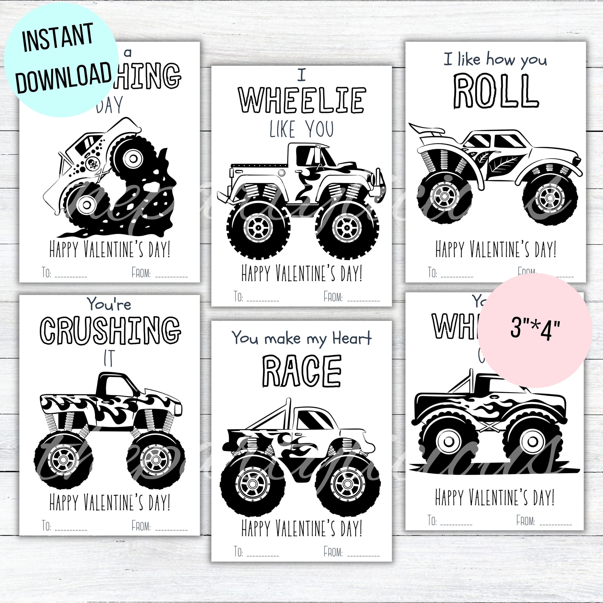 Printable Monster Truck Valentines Day Cards, School Kids Valentines Day Cards, Color Your Own Monster Truck Valentine Tag, Instant Download within Monster Truck Valentine Printables