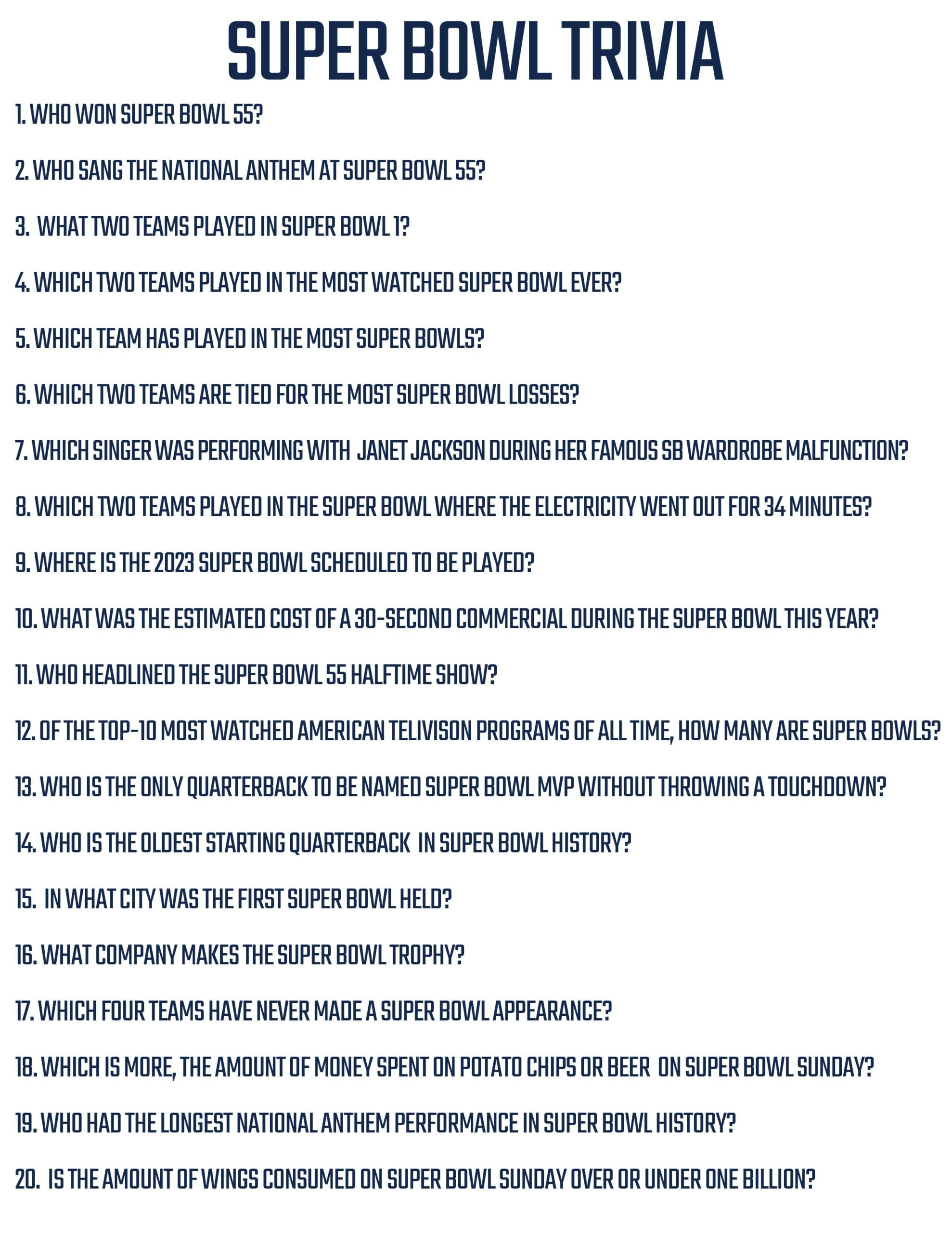 Printable Super Bowl 56 Trivia For Bengals Vs Rams 2022 (Updated regarding Printable Super Bowl Quiz