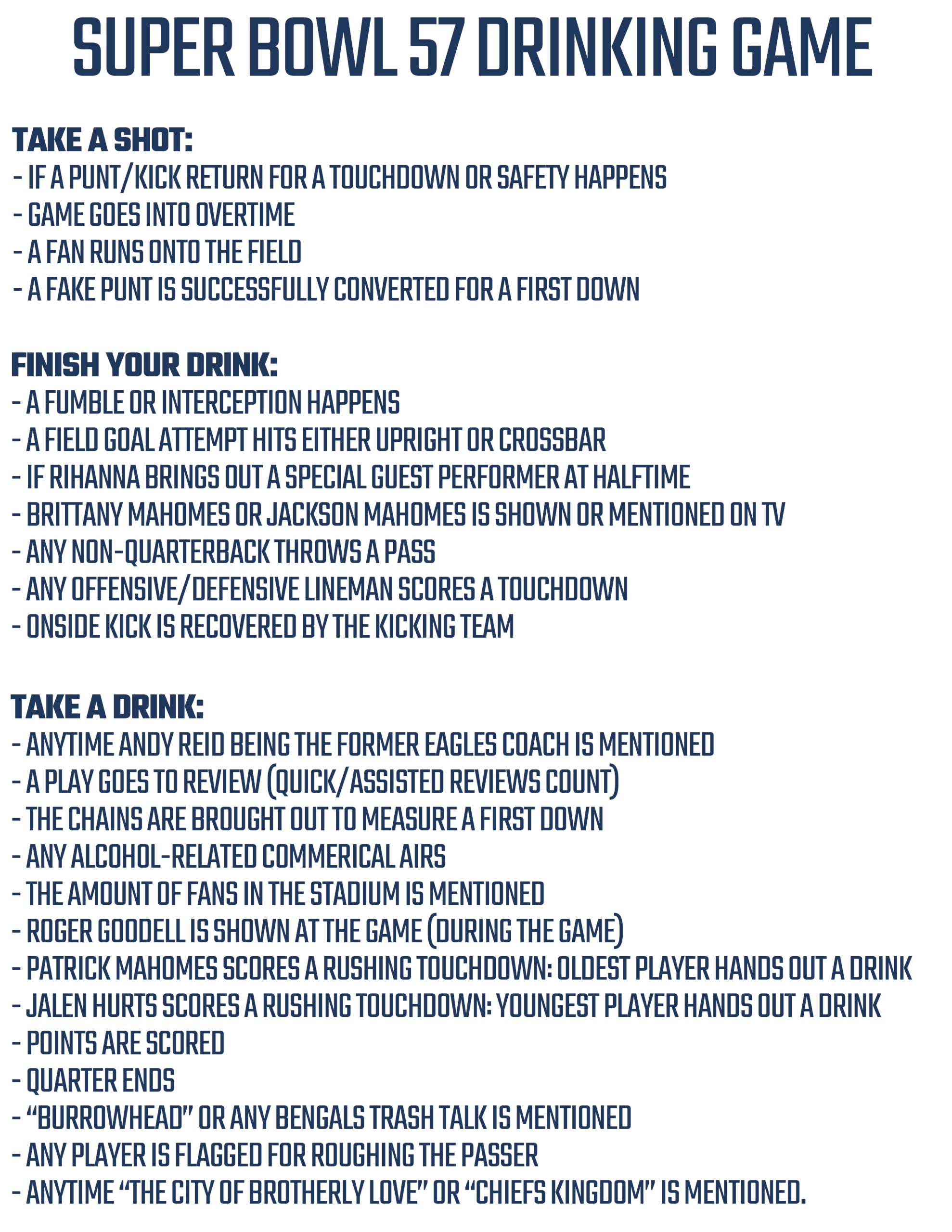 Printable Super Bowl 57 Drinking Game For Chiefs Vs Eagles with regard to Super Bowl Drinking Game Printable