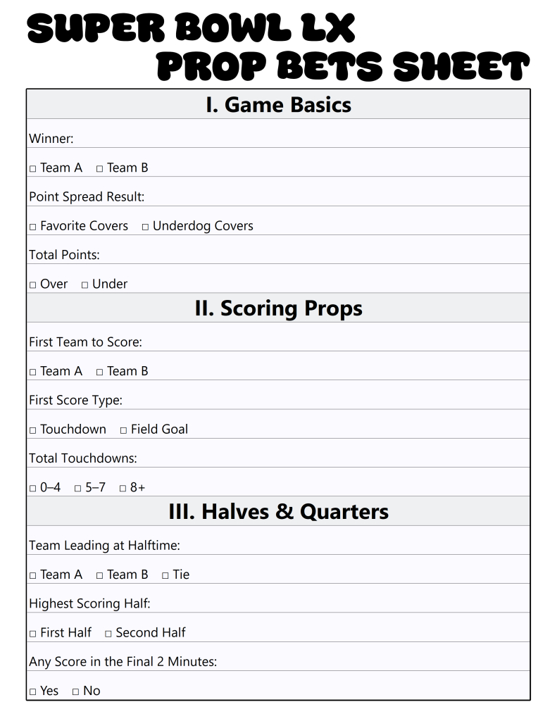 Printable Super Bowl Lx Prop Bets Sheet For Your 2026 Watch Party intended for 2026 Printable Super Bowl Prop Bets
