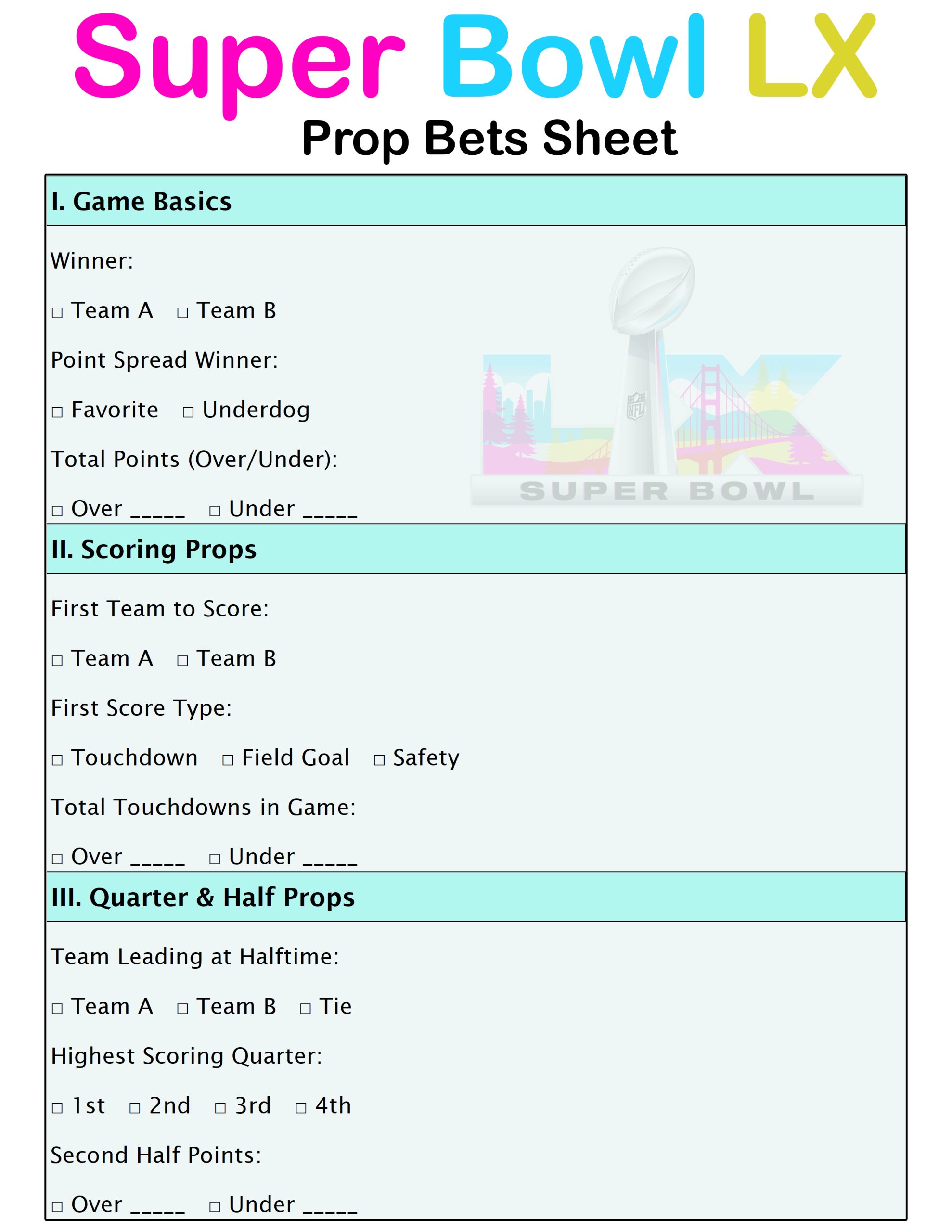 Printable Super Bowl Lx Prop Bets Sheet For Your 2026 Watch Party within Super Bowl Props Sheet 2026 Printable