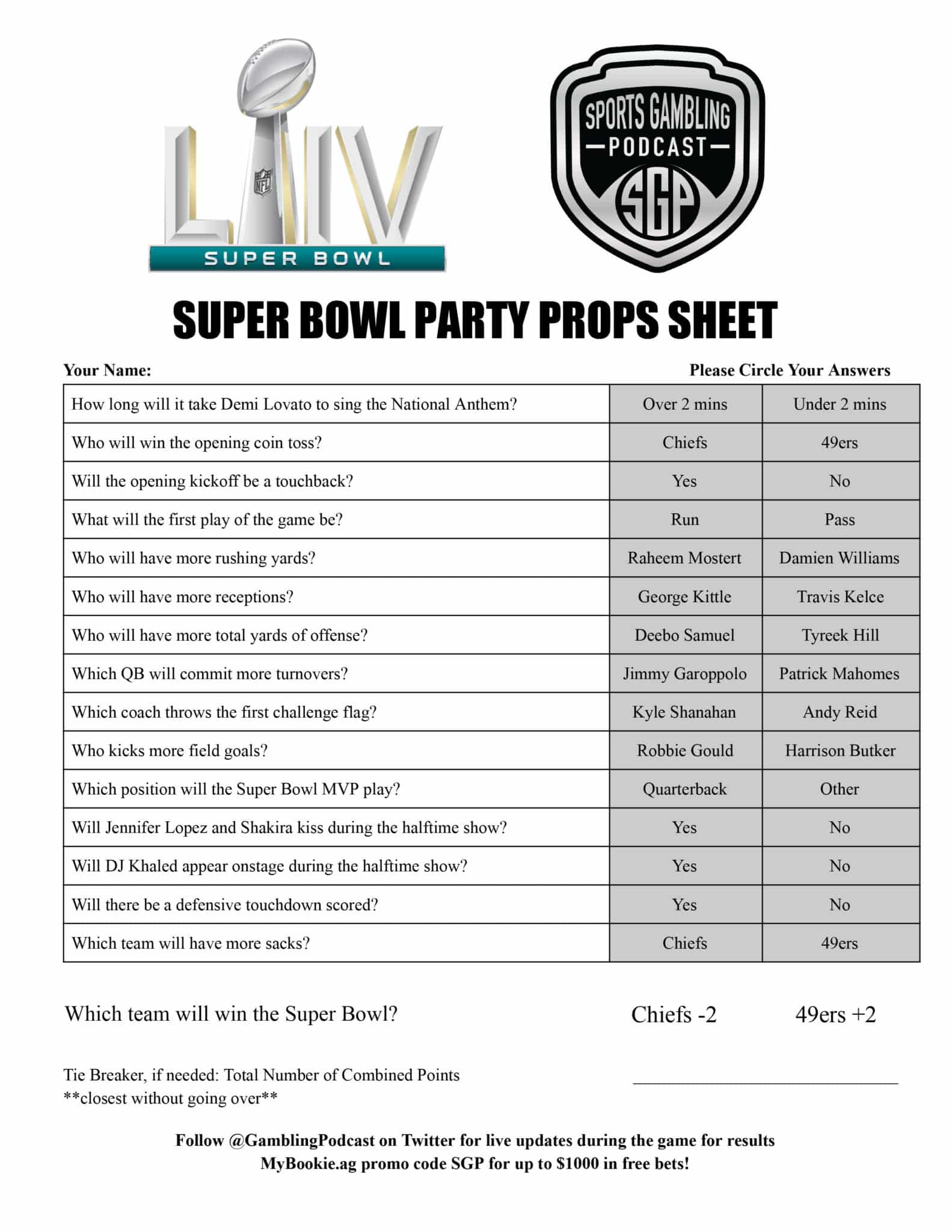Printable Super Bowl Party Props Sheet - Sports Gambling Podcast regarding Super Bowl Prop Sheet Printable