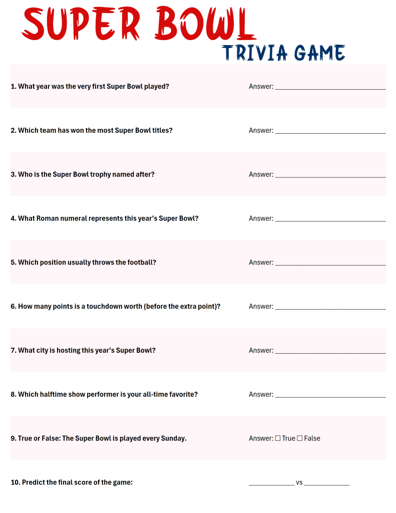 Printable Super Bowl Party Trivia Game Sheet With 18 Fun Football intended for Super Bowl Quiz 2026 Printable