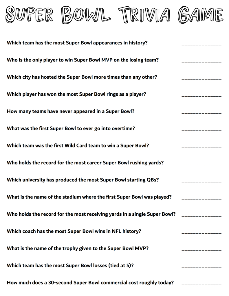 Printable Super Bowl Party Trivia Game Sheet With 18 Fun Football throughout Super Bowl 2026 Trivia Printable