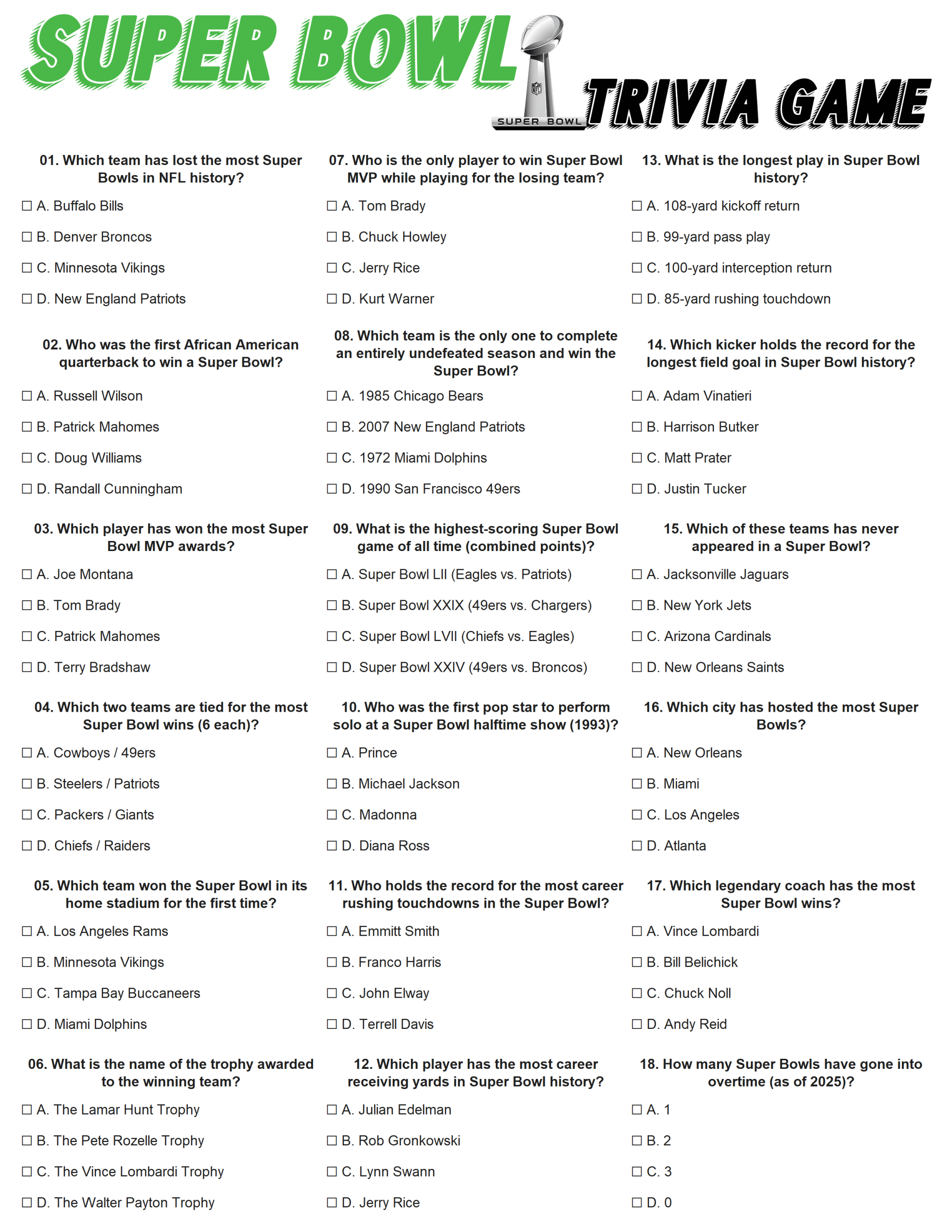 Printable Super Bowl Party Trivia Game Sheet With 18 Fun Football within Super Bowl Trivia Questions and Answers Printable 2026