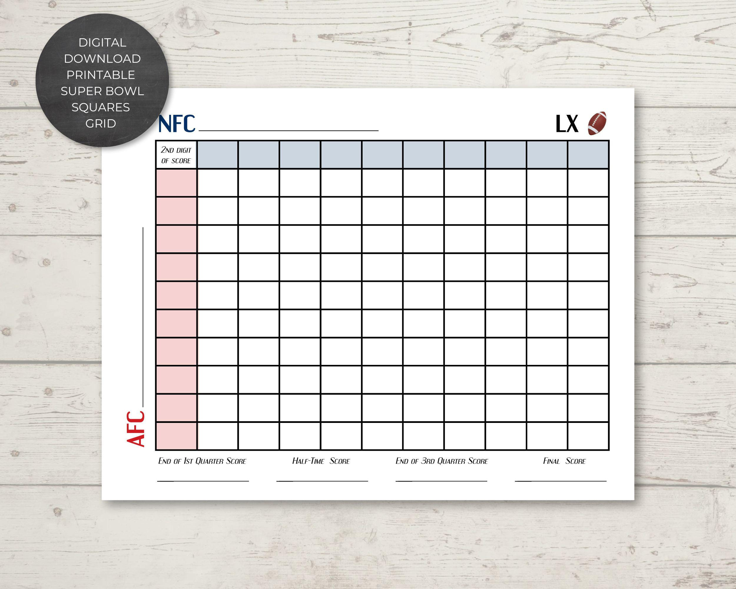 Printable Super Bowl Quadrate Gitter | Sofortiger Digitaler in Super Bowl 2026 Boxes Printable