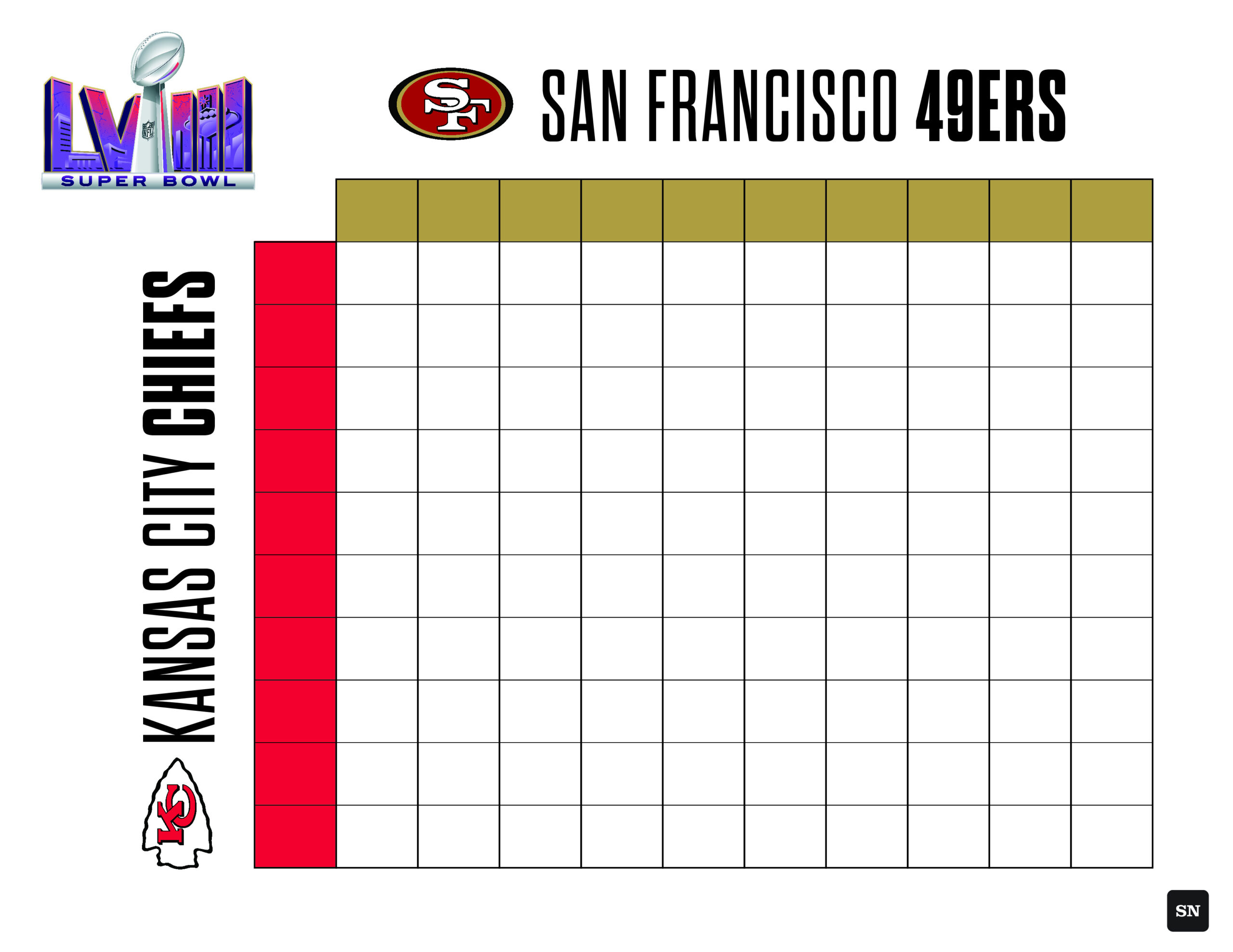 Printable Super Bowl Squares Grid For 49Ers Vs. Chiefs In 2024 inside Free Printable Super Bowl Pool Grids