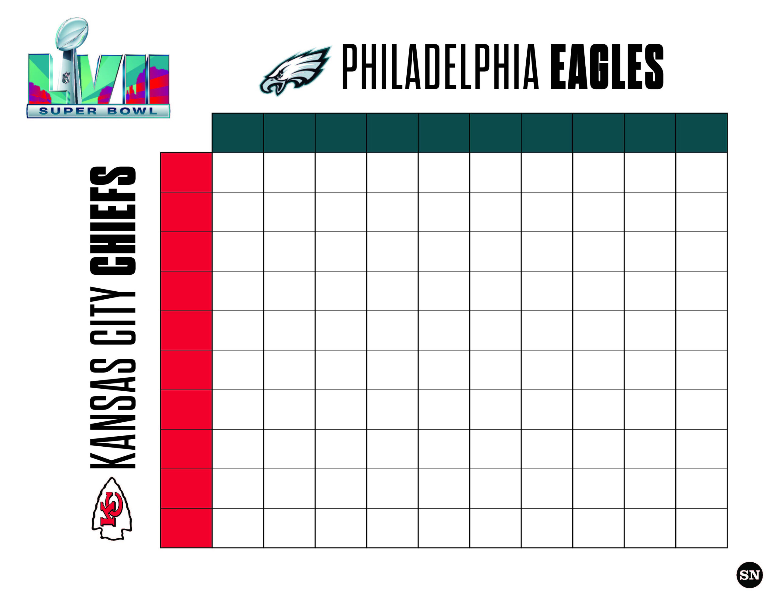 Printable Super Bowl Squares Grid For Eagles Vs. Chiefs In 2023 within Super Bowl Block Pool Printable