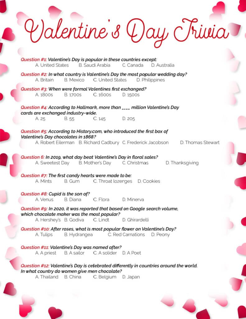 Printable Valentine&amp;#039;S Day Trivia Questions And Answers with regard to Valentines Day Trivia Questions and Answers Printable