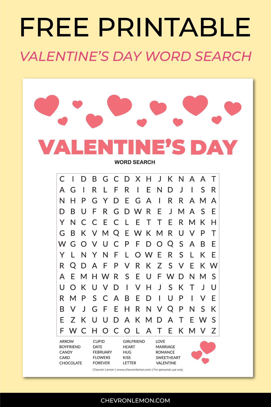 Printable Valentine&amp;#039;S Day Word Search - Chevron Lemon throughout Valentine&amp;#039;S Day Puzzles Printable