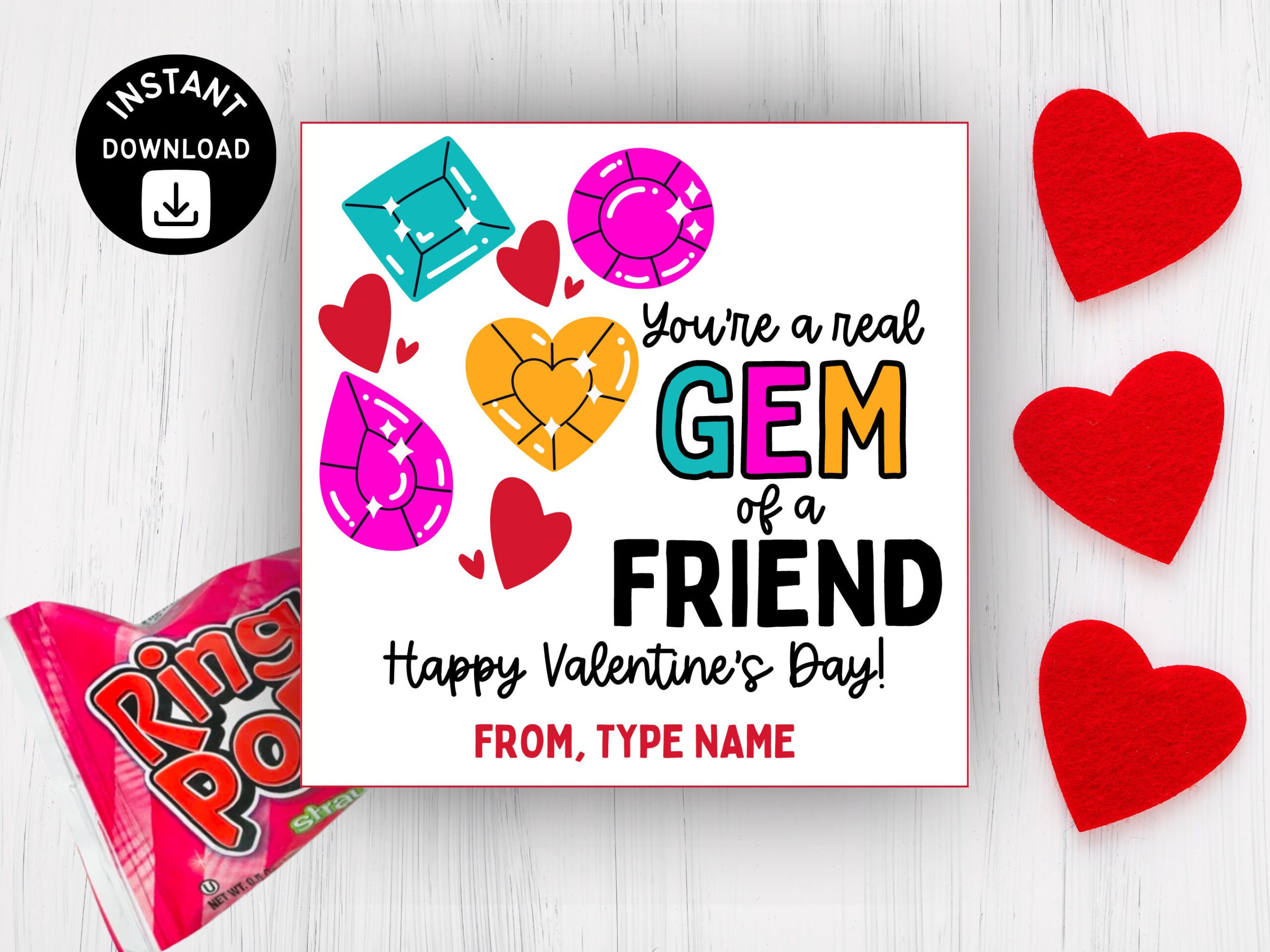 Ring Pop Valentine Tag: Gem Freund Printable (Instant Download for Printable Ring Pop Valentines