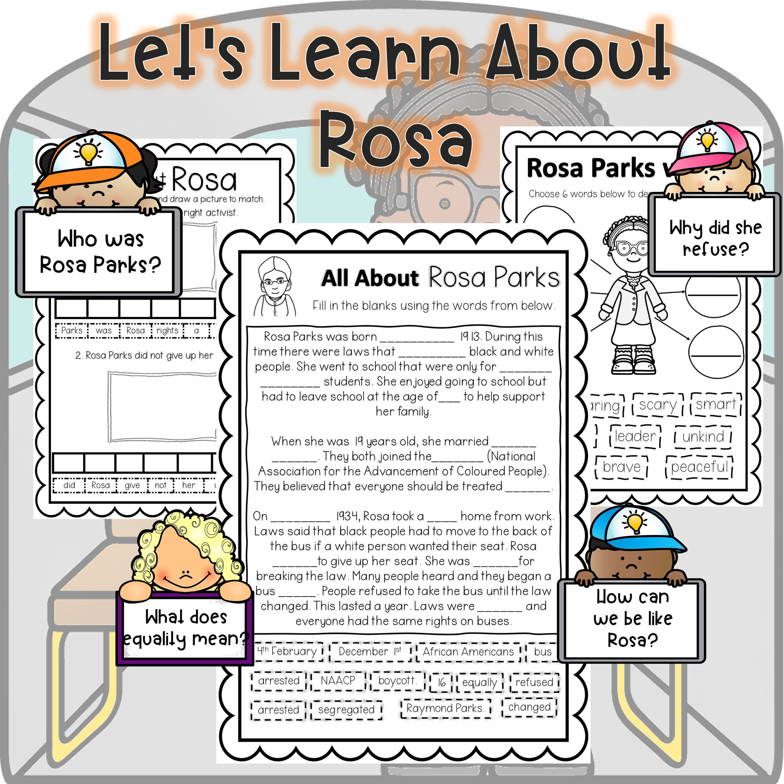 Rosa Parks Activities/Worksheets For Kids - Etsy Uk regarding Rosa Parks Printable Reading Comprehension