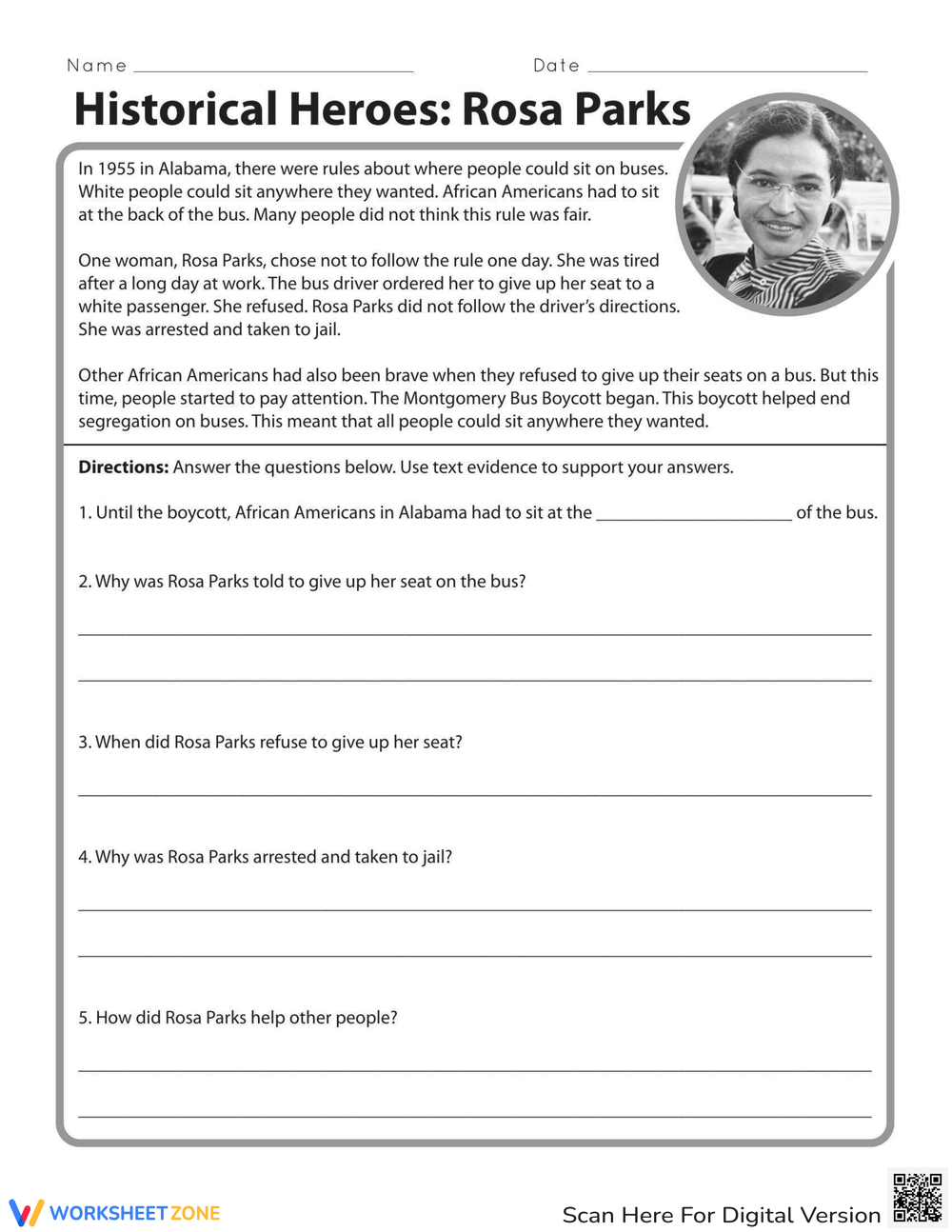 Rosa Parks: Civil Rights Hero Worksheet for Printable Rosa Parks Worksheets