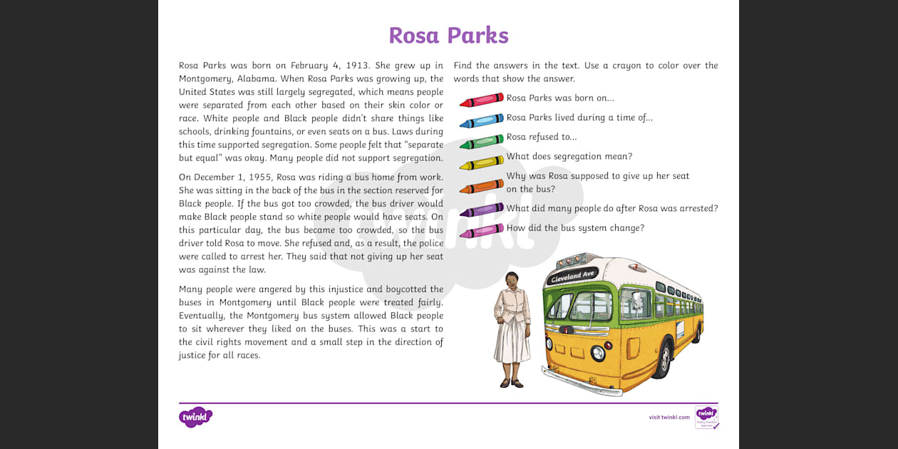 Rosa Parks Finding Text Evidence Worksheet | Twinkl for Rosa Parks Biography Printable