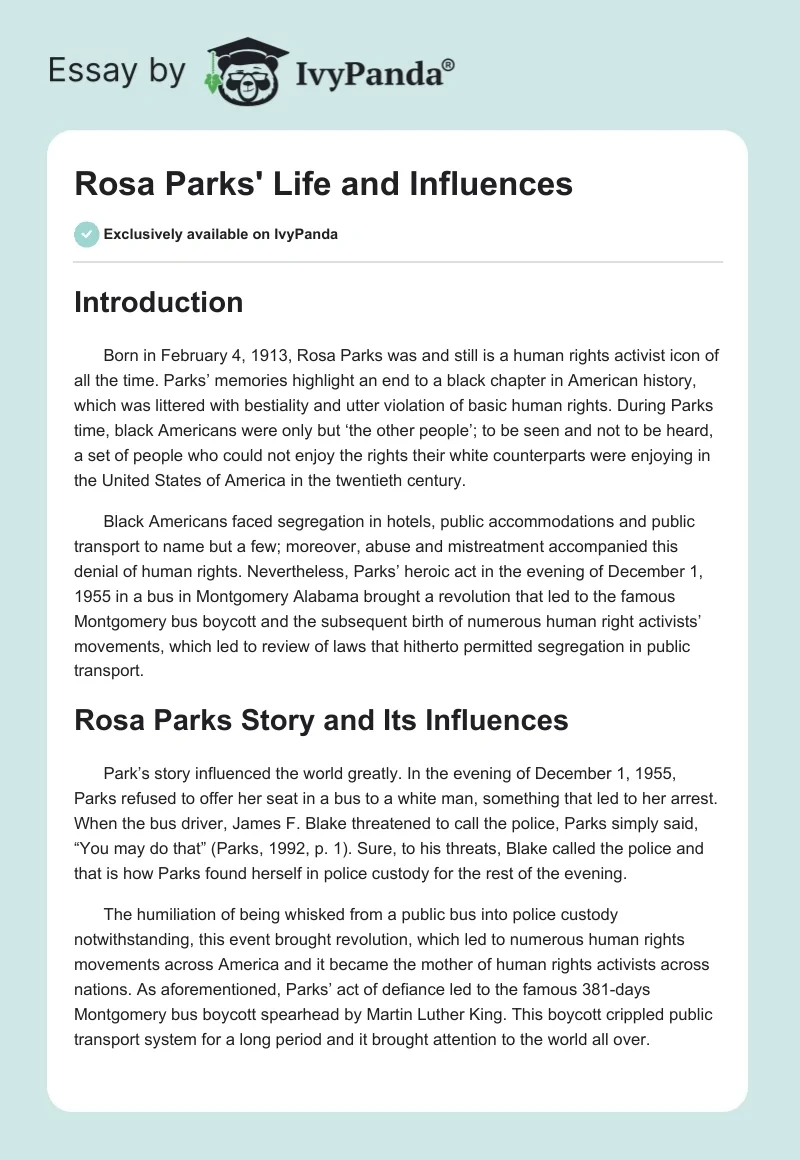Rosa Parks' Life And Influences - 1214 Words | Essay Example regarding Story Of Rosa Parks Printable
