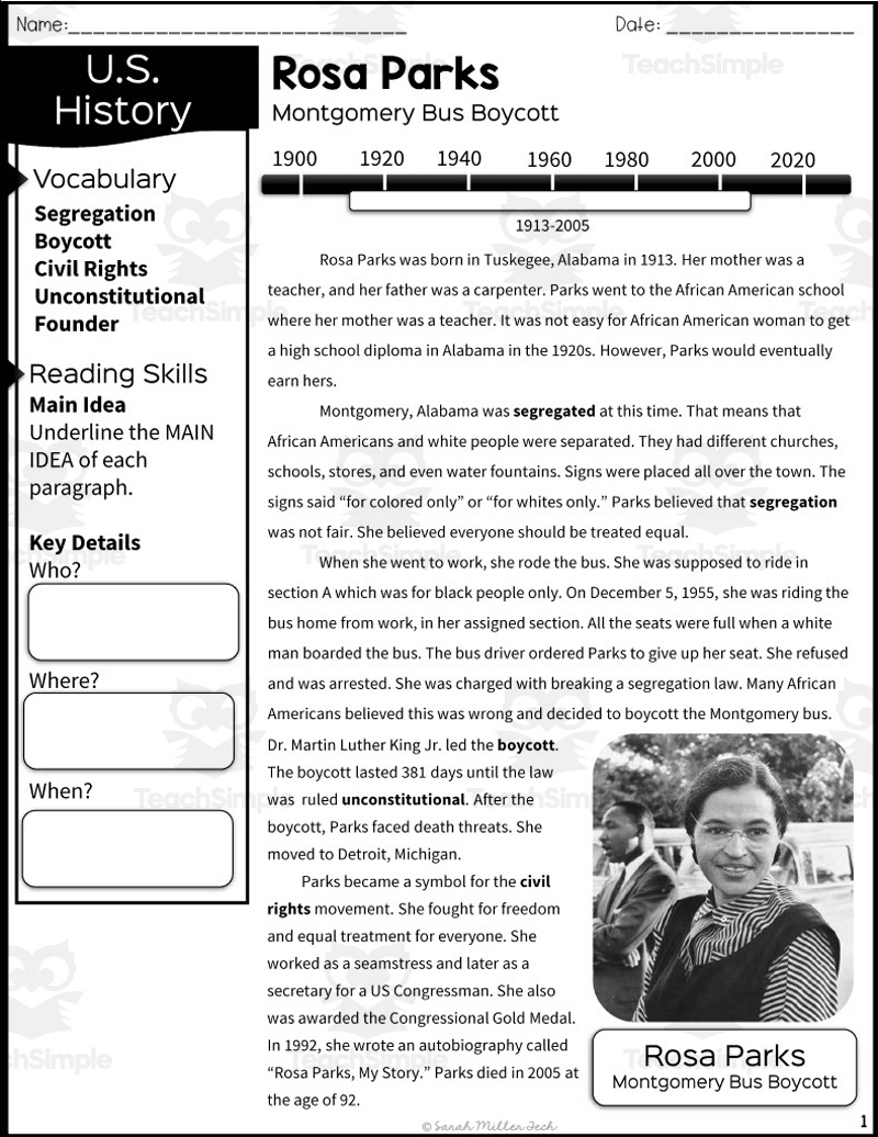 Rosa Parks Reading Packet with Autobiography Of Rosa Parks Printable