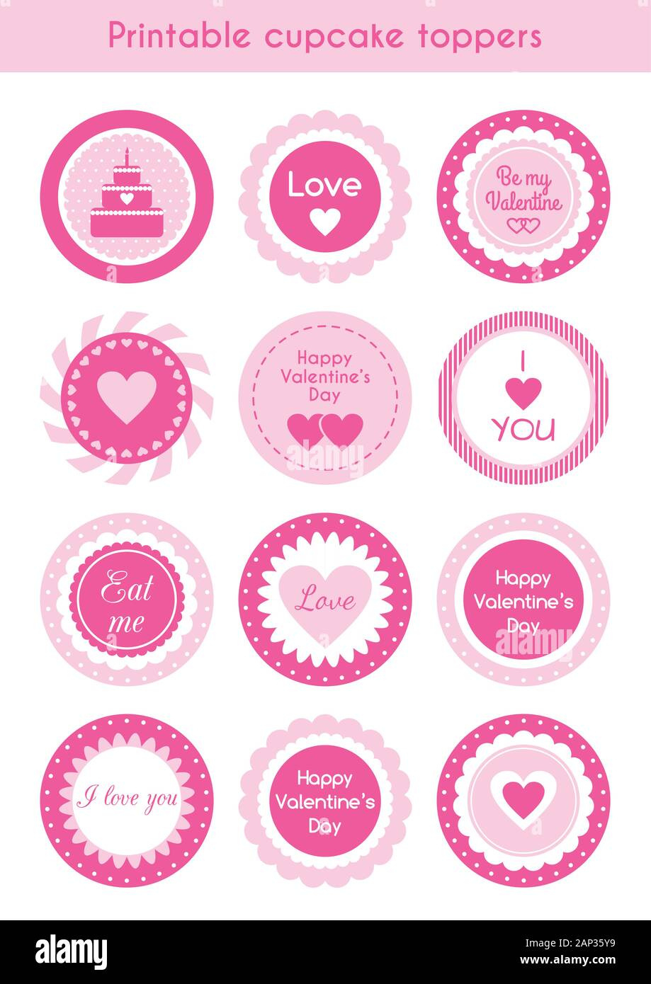 Set Of Printable Cupcake Toppers Valentines Day Stock Vector Image regarding Printable Valentine Cake Toppers