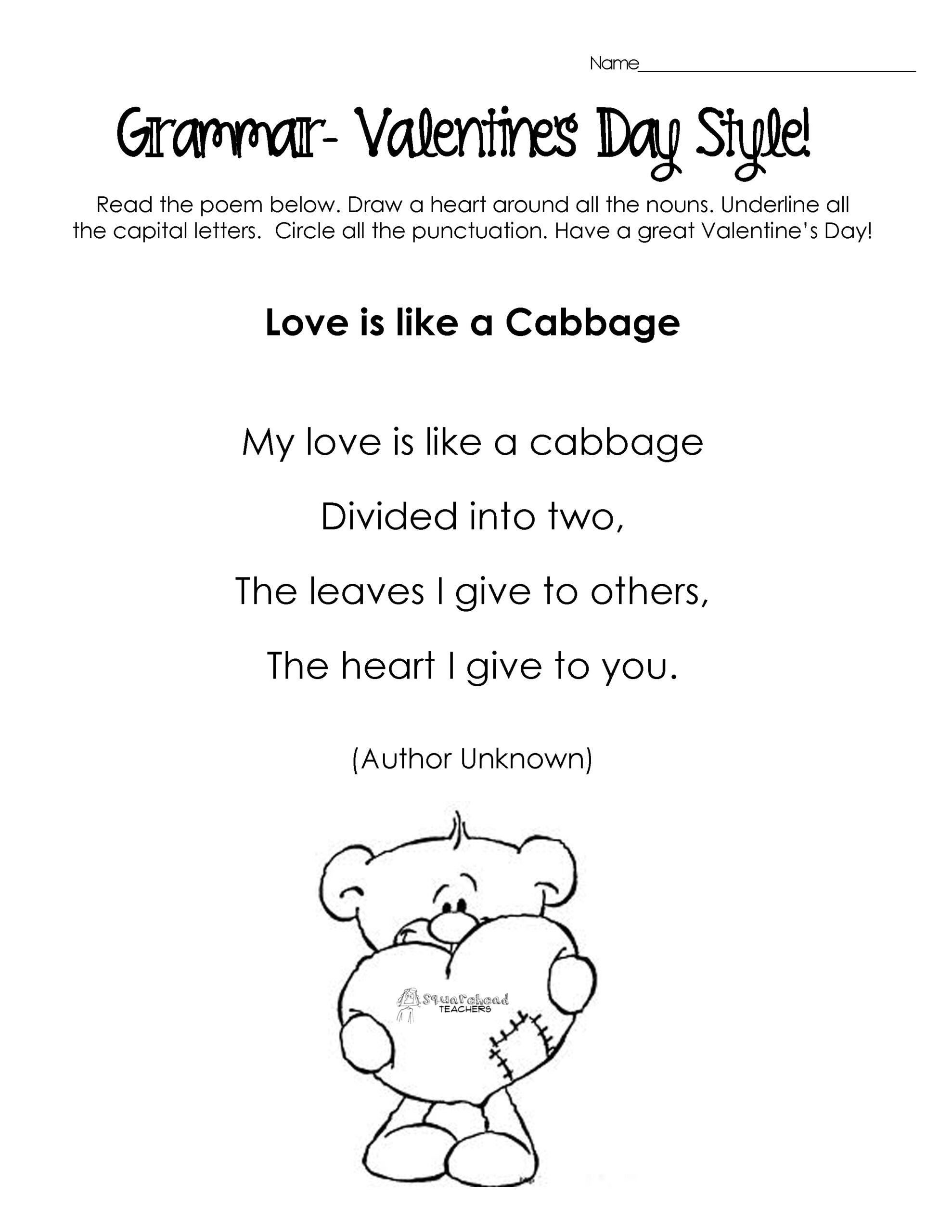 Silly Valentine'S Day Poems For Grammar Practice (Free Worksheets inside Printable Valentine Poems
