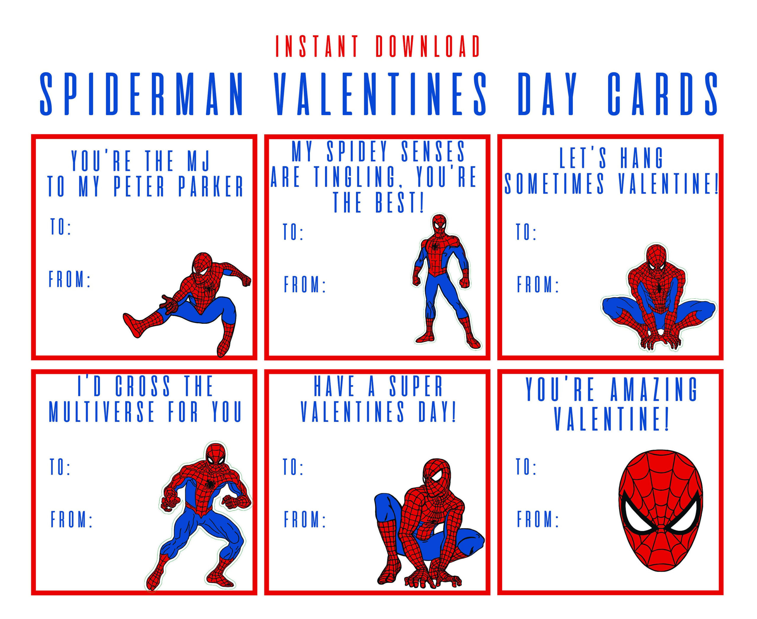 Spiderman Instant Download Printable Valentines Day Cards, Kids regarding Printable Spiderman Valentines Cards