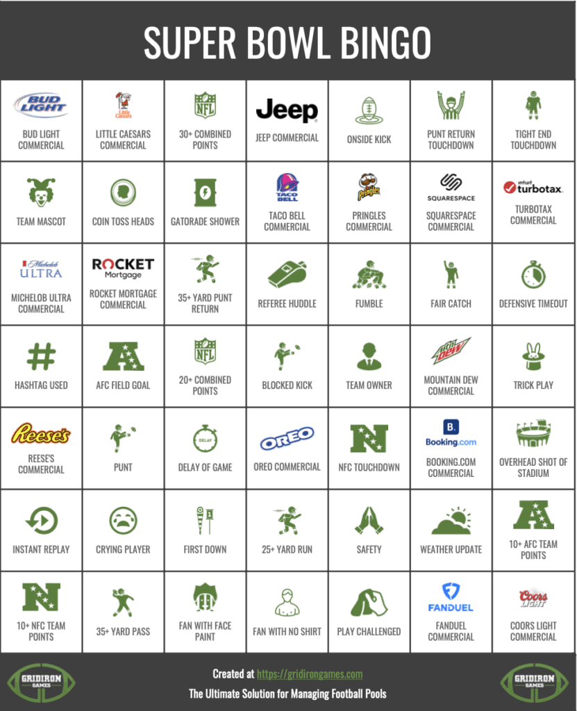 Super Bowl Bingo 2026 Free Printable Cards - Commercial Bingo with Super Bowl Bingo 2026 Printable
