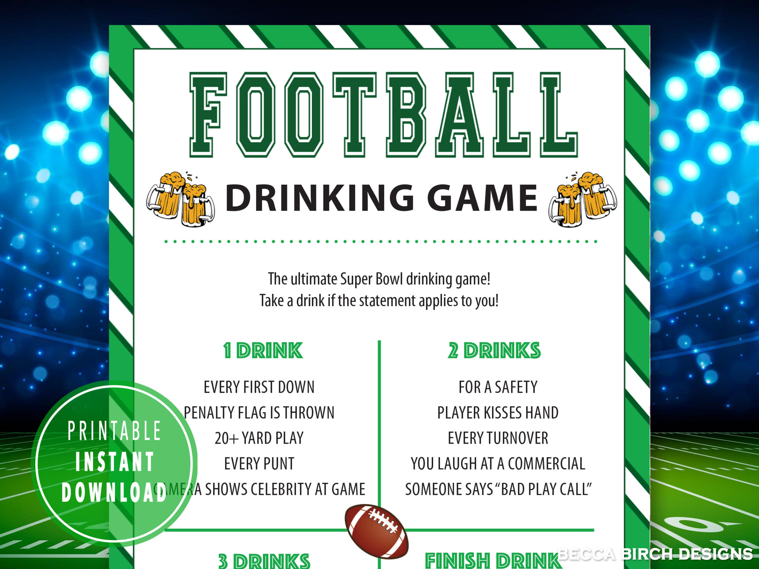 Super Bowl Football Drinking Game | Printable Party Game (Pdf with regard to Printable Super Bowl Drinking Game
