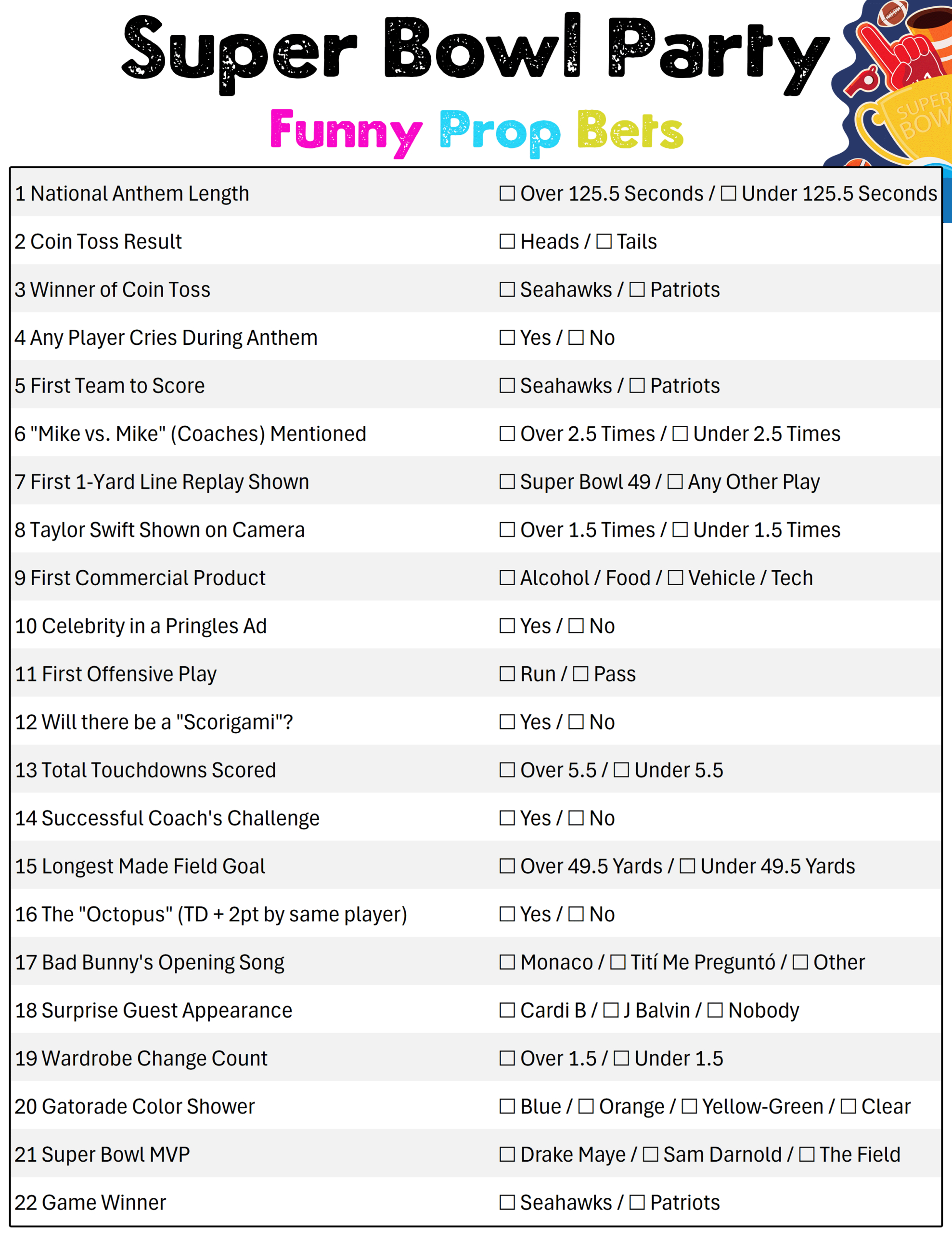 Super Bowl Fun Prop Bets: Free Printable Pdf Sheet For Super Bowl with Funny Super Bowl Prop Bets 2026 Printable