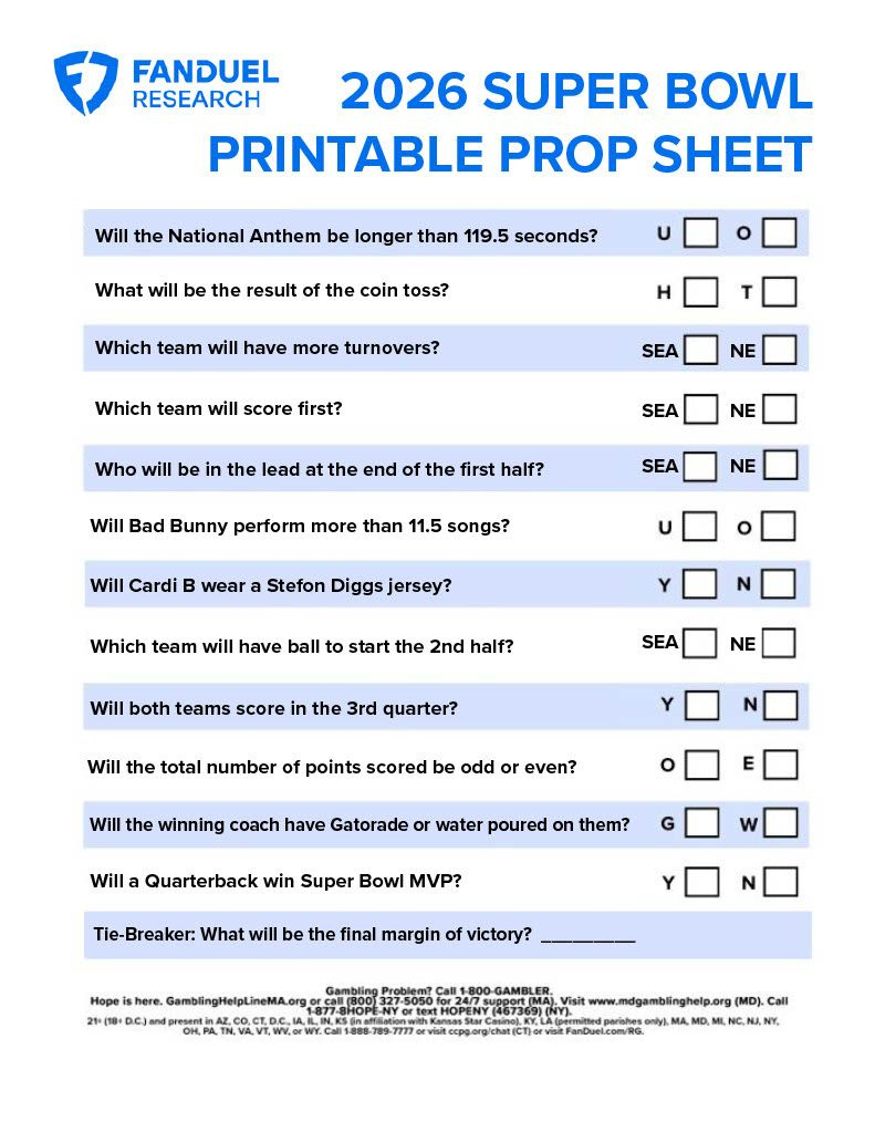 Super Bowl Lx Printable Prop Bet Sheet For Seahawks Vs. Patriots for Fanduel Super Bowl Prop Bets Printable