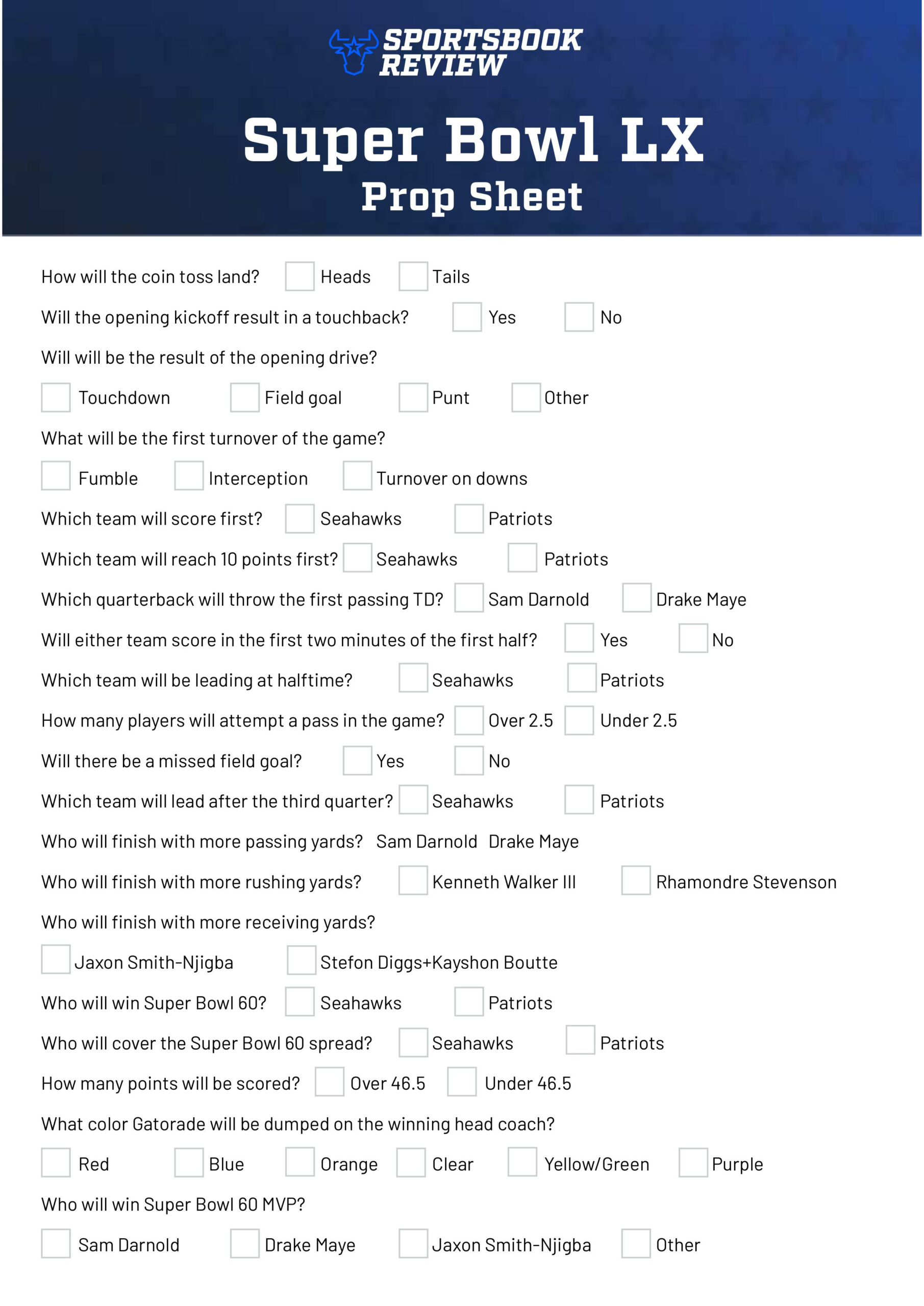 Super Bowl Prop Bet Sheet 2026 | Free, Printable List Of Seahawks for Oddsshark Super Bowl Prop Bets Printable