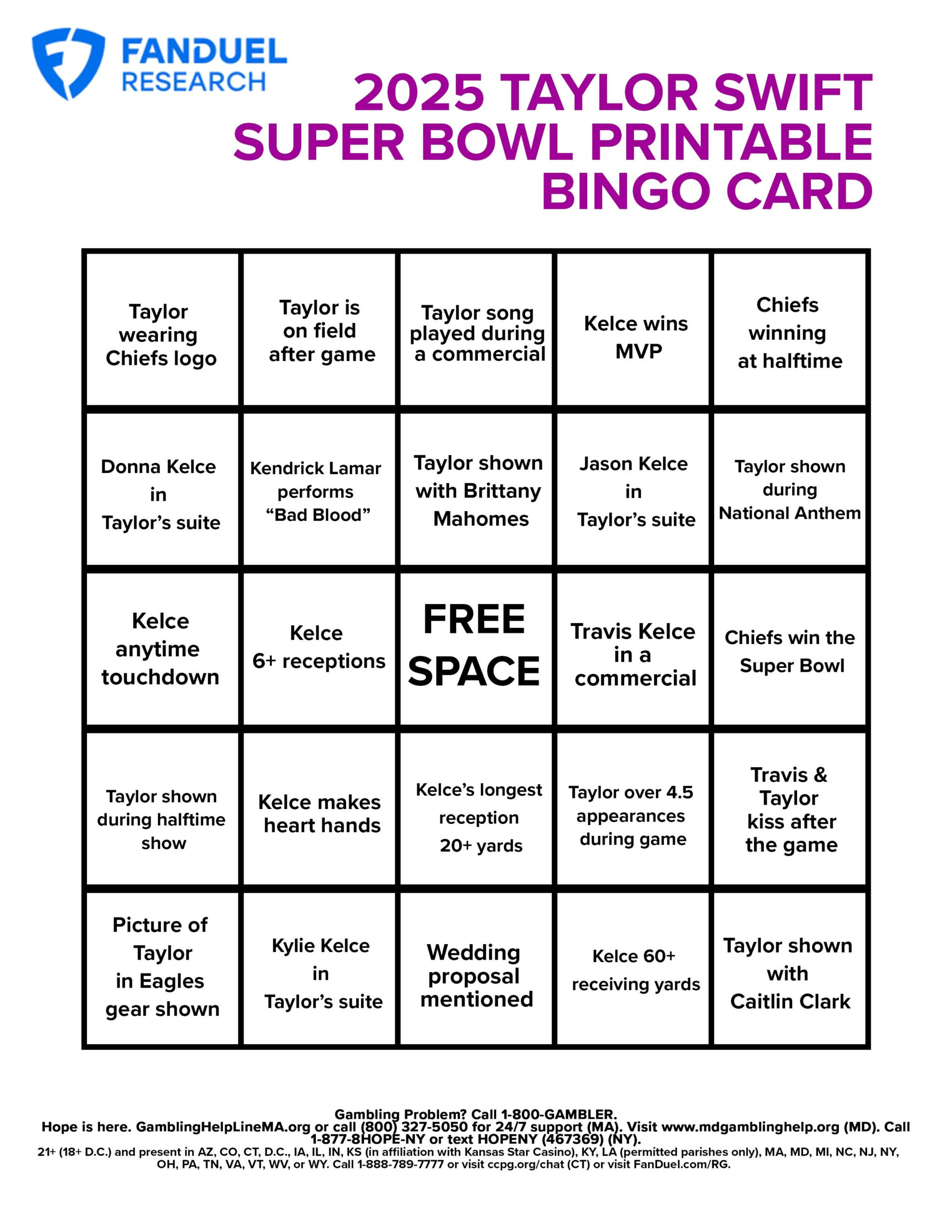 Taylor Swift Printable Bingo Card For Super Bowl Lix, Including throughout Super Bowl Lix Bingo Cards Free Printable