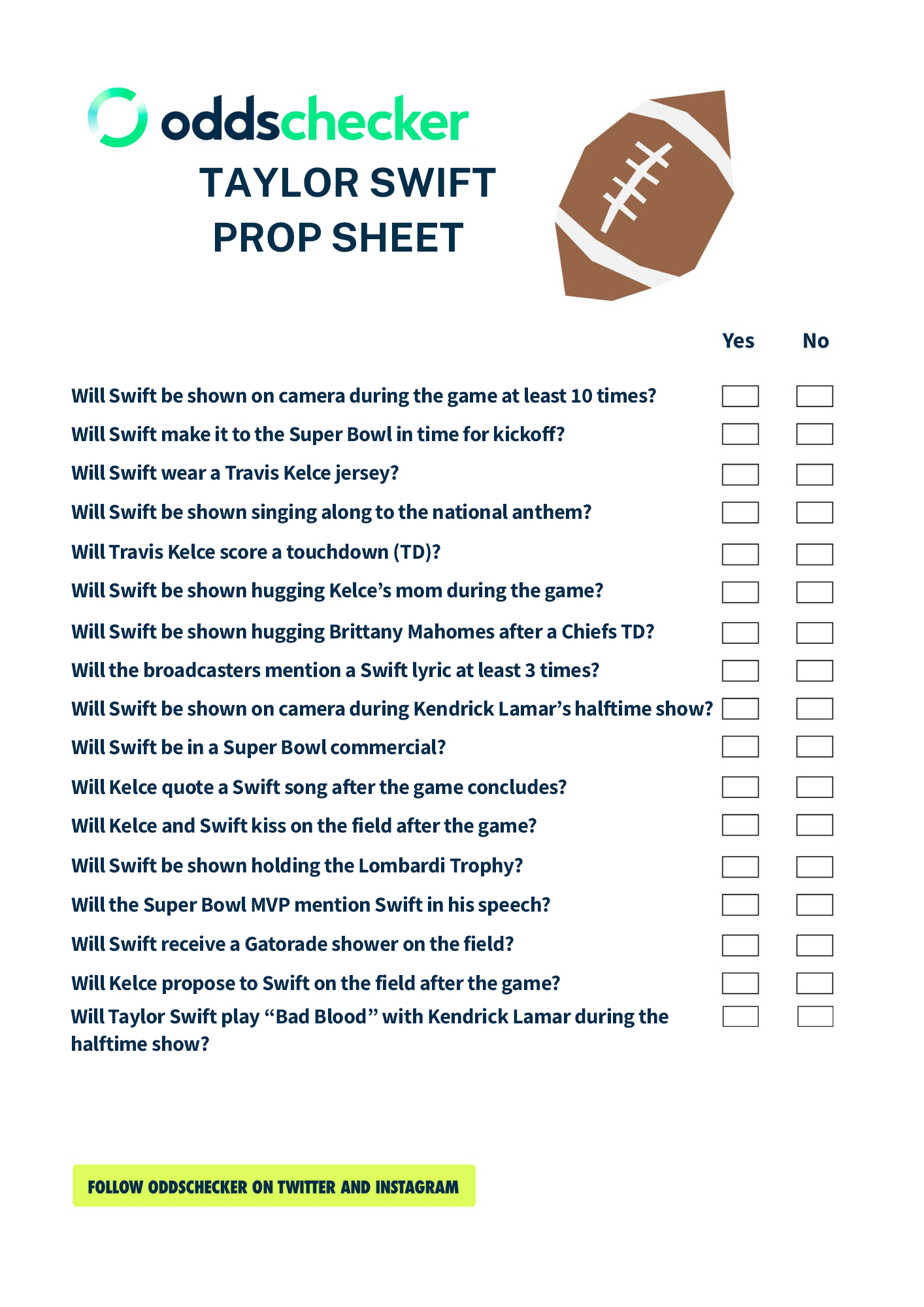 Taylor Swift Prop Bet Sheet For Super Bowl 2025 [Printable] pertaining to Super Bowl Prop Bets Printable Sheet