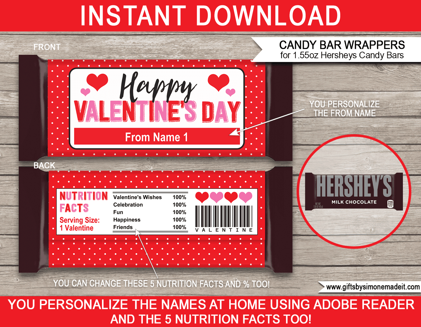 Valentine Candy Bar Wrappers (1.55Oz Hersheys) - Red Polkadot pertaining to Printable Valentine Candy Bar Wrappers