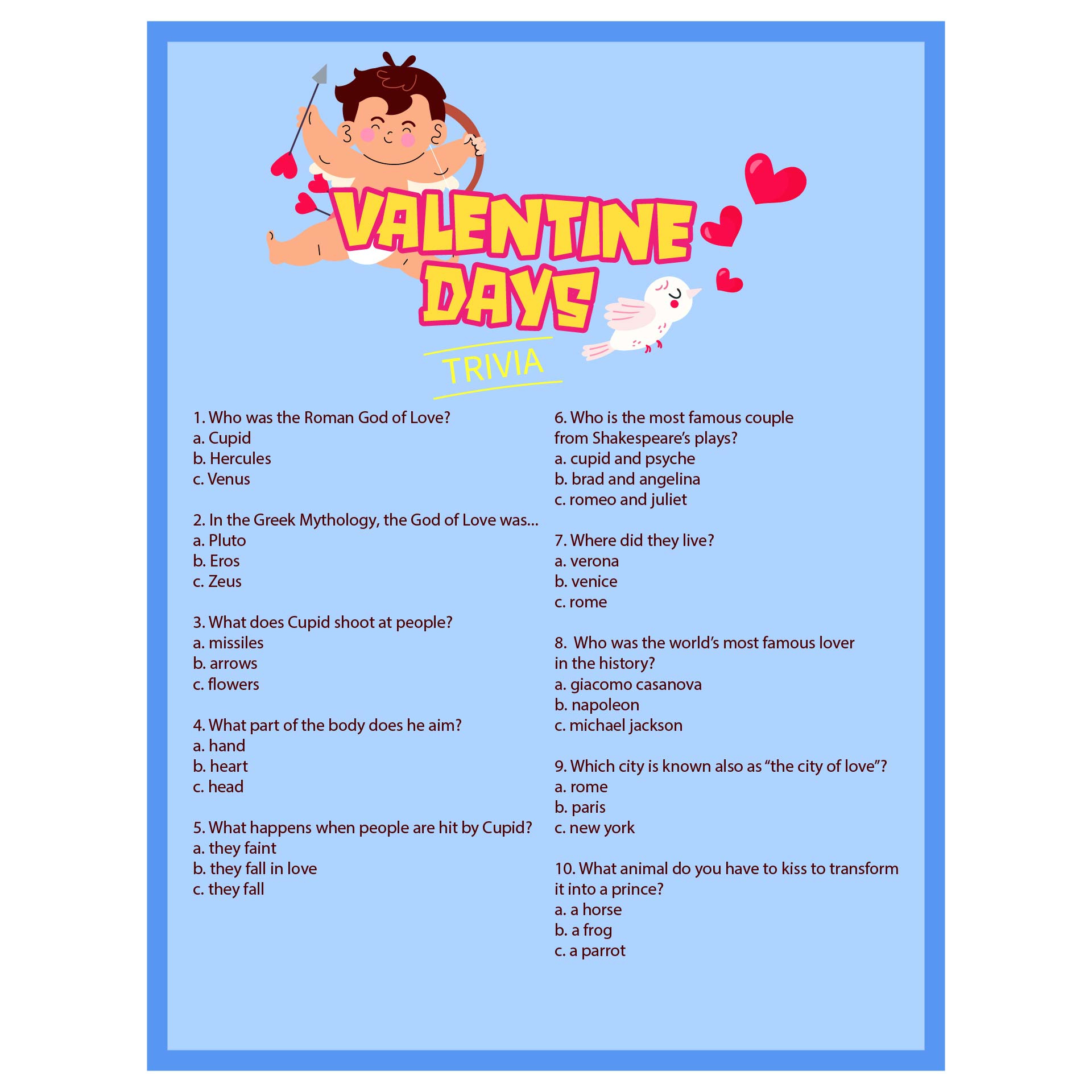 Valentines Day Games Valentines Day Trivia Game, Printable in Printable Valentine Quiz