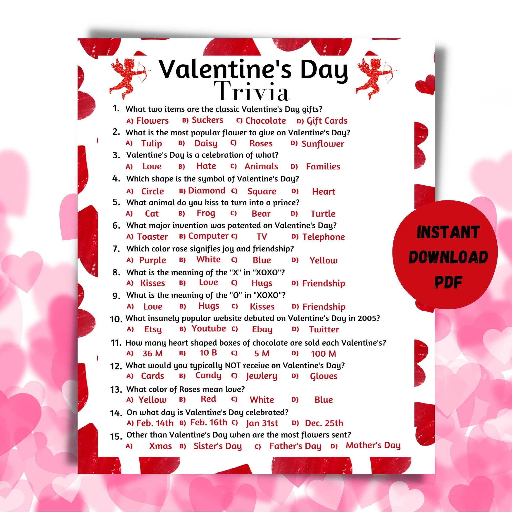 Valentine'S Day Printable Trivia Game, Valentine'S Day Instant with Printable Valentine Trivia And Answers