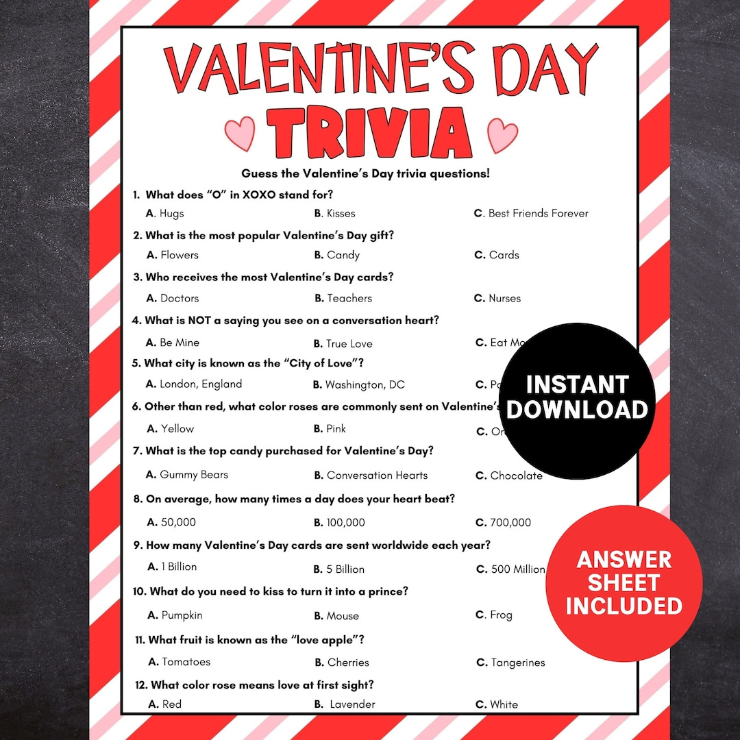Valentine&amp;#039;S Day Trivia Game, Printable Valentine&amp;#039;S Party Game with regard to Valentines Day Trivia Questions and Answers Printable
