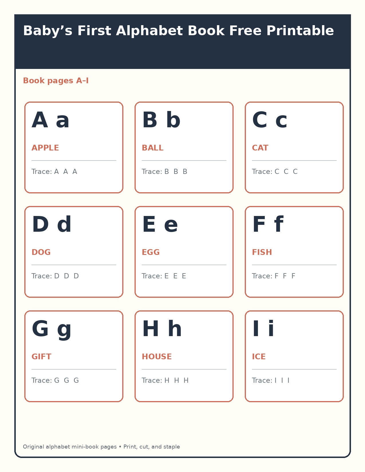 Alphabet mini-book pages A–I