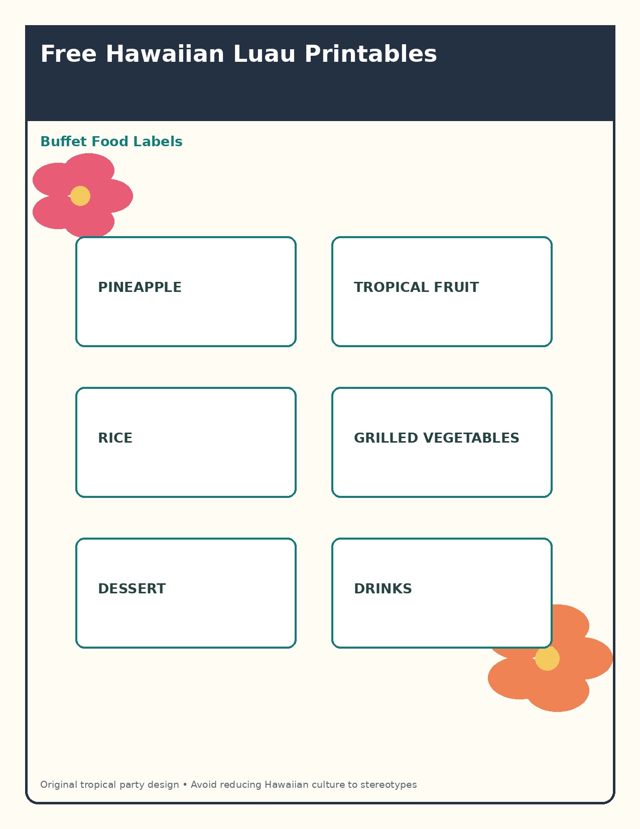 Luau buffet food labels