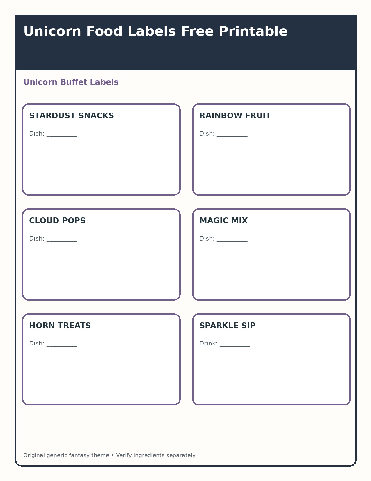 Unicorn Buffet Labels